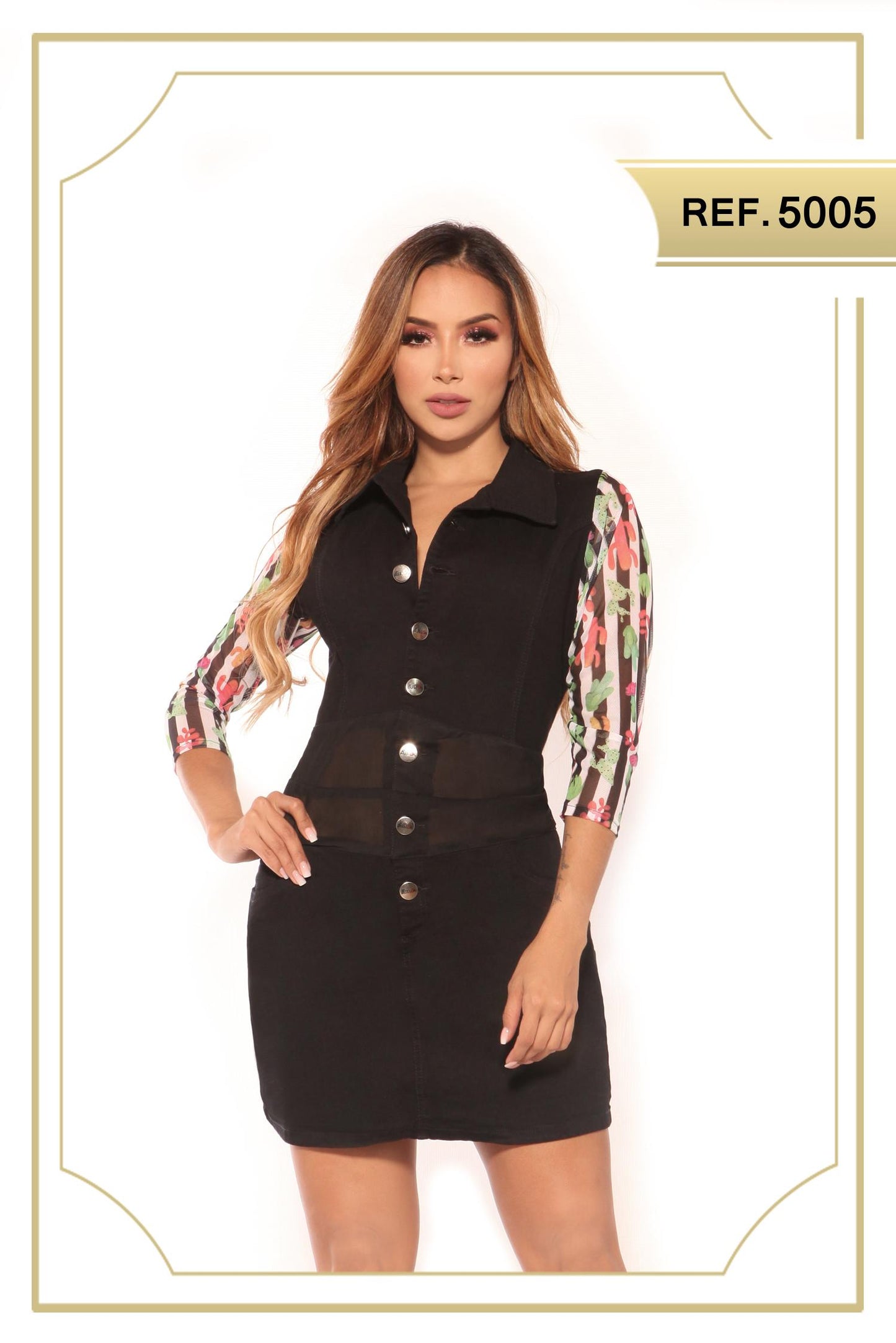 Ref. 030 -5005 Fantástico Vestido en Tela Vaquera en Color Negro con Botones delanteros, cuello y Mangas de estilo floral. - ropacolombianaeneuropa