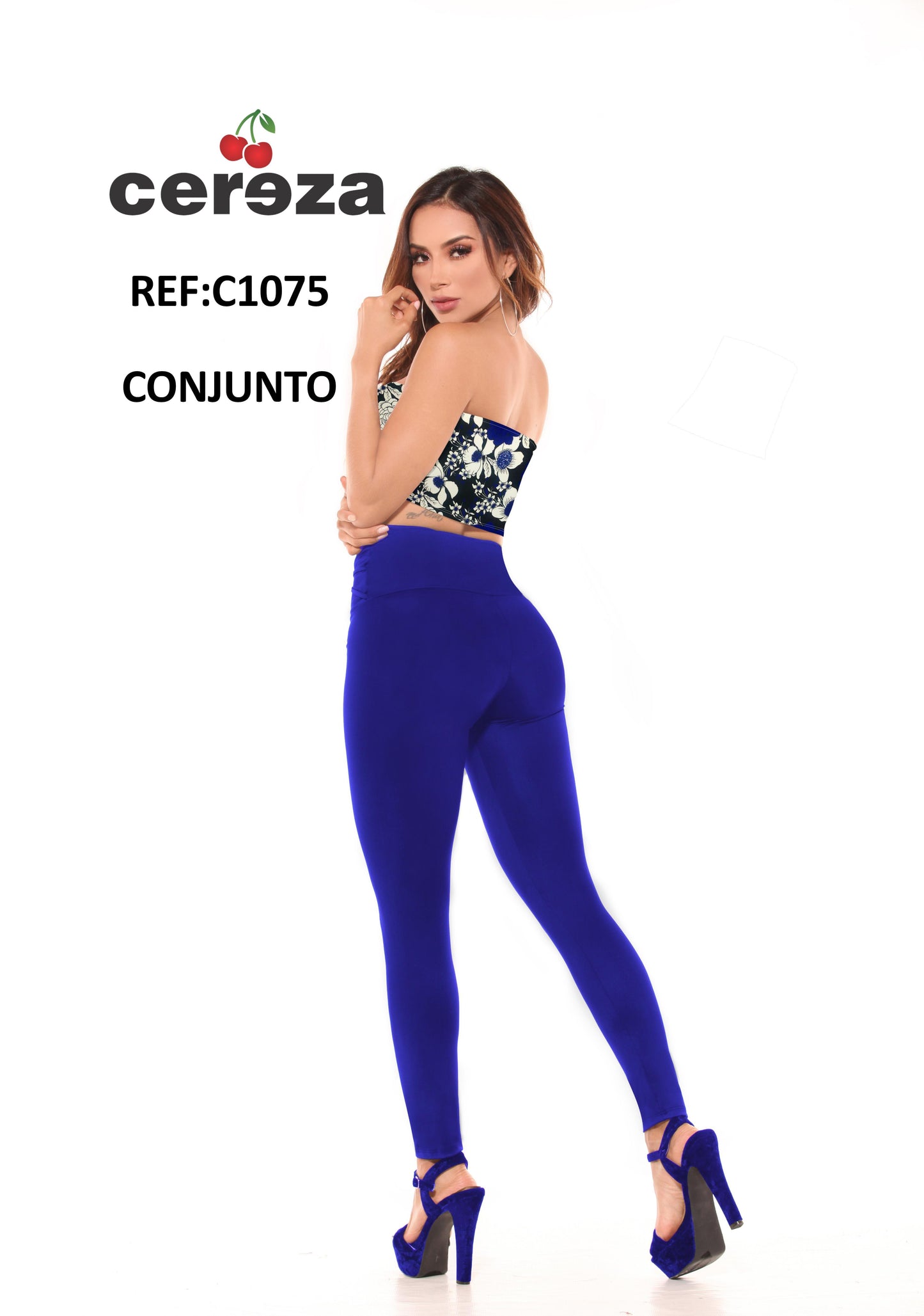 Ref. 004 -C1075 Conjunto Colombiano de Blusa Azul decorado Floral y Pantalón Azul para dama con Cintura Alta y con control de Abdomen - ropacolombianaeneuropa