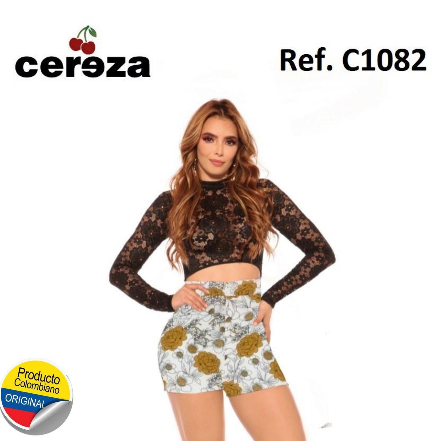 Ref. 004 -C1082 Enterizo Corto tipo Short con Blusa Negra y Short estampado de Flores colores variados marca CEREZA, original Diseño Colombiano - ropacolombianaeneuropa