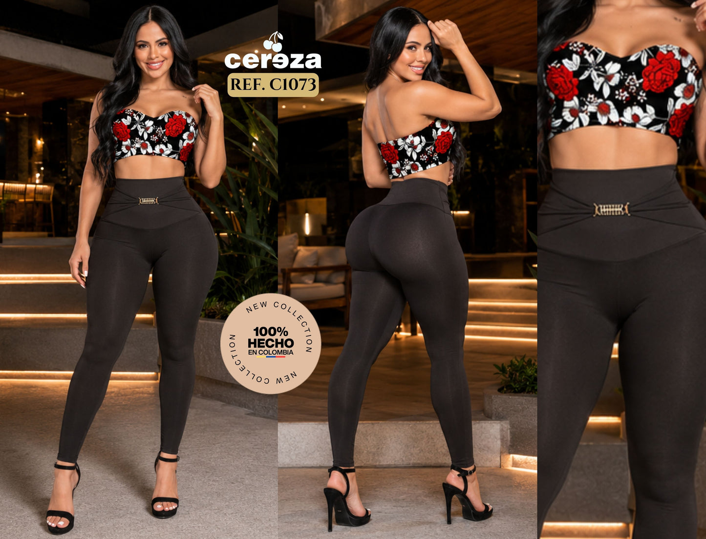 Ref. 004 -C1073 Conjunto Marca CEREZA Original Colombiano con Blusa Veraniega de Hombros descubiertos y pantalón Negro con Pretina Alta y decorado en el frente - ropacolombianaeneuropa