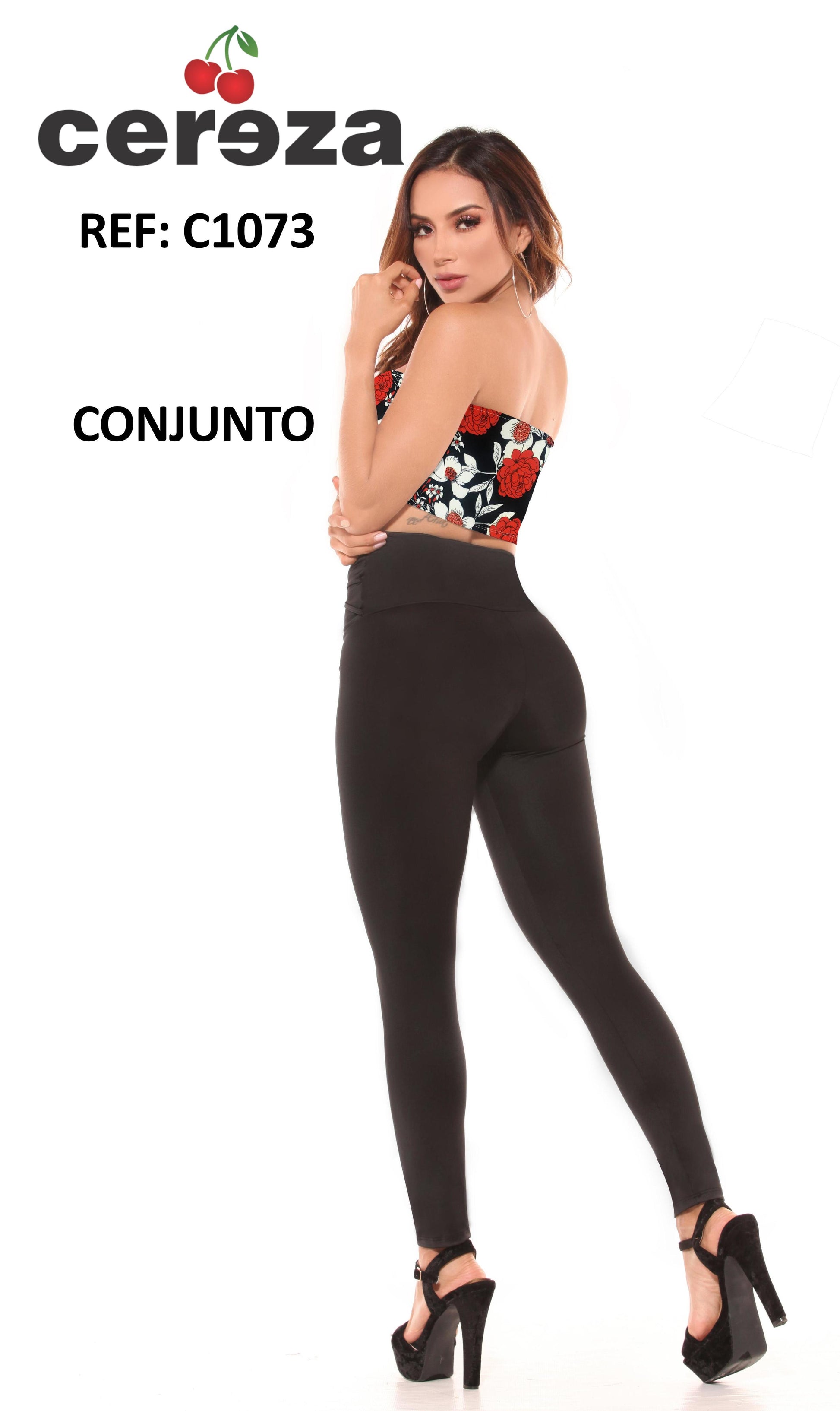 Ref. 004 -C1073 Conjunto Marca CEREZA Original Colombiano con Blusa Veraniega de Hombros descubiertos y pantalón Negro con Pretina Alta y decorado en el frente - ropacolombianaeneuropa
