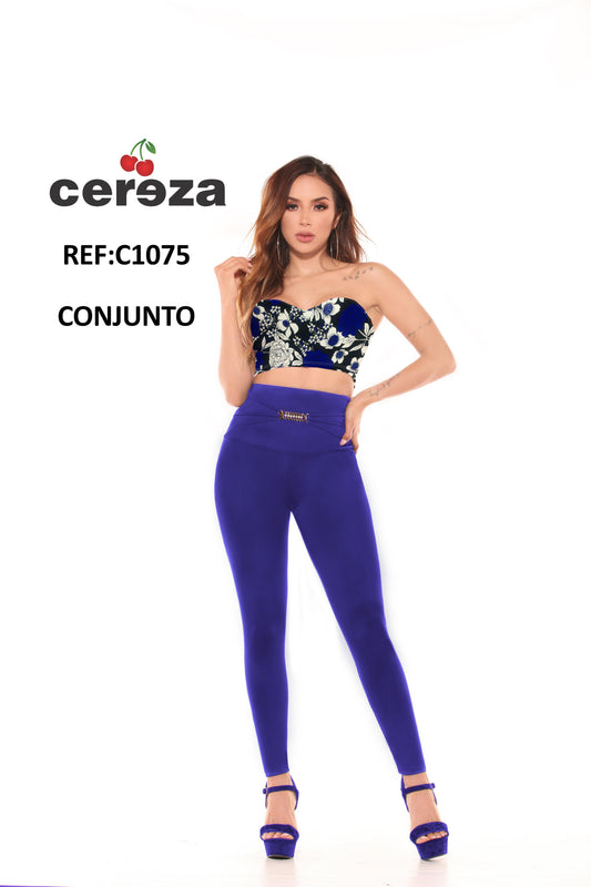 Ref. 004 -C1075 Conjunto Colombiano de Blusa Azul decorado Floral y Pantalón Azul para dama con Cintura Alta y con control de Abdomen - ropacolombianaeneuropa