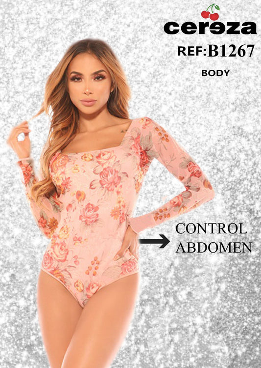 Ref. 004 -B1267 Body Reductor CEREZA con mangas largas y estampado floral