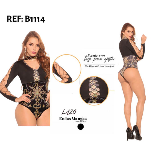 Ref. 004 -B1114 Body Reductor Colombiano con mangas largas en malla Color negro