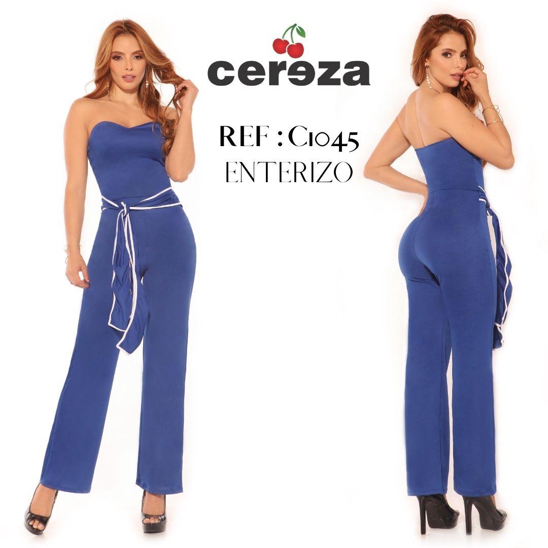 Ref. 004 -C1045 Fantástico Enterizo Colombiano Marca CEREZA con con Hombros y media Espalda Libres, Decorado con Cinturón en el Frente color Azul - ropacolombianaeneuropa