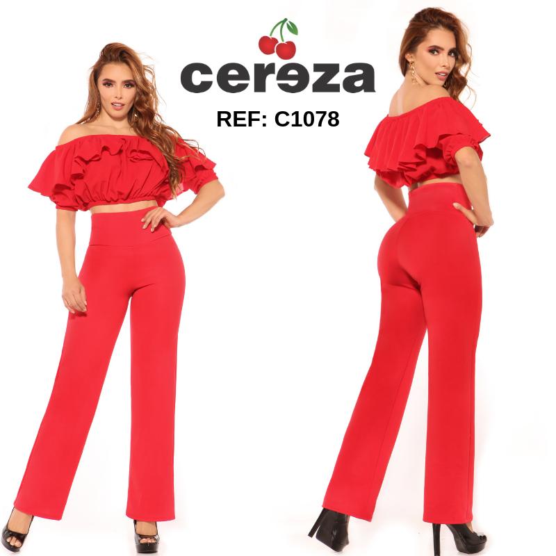 Ref. 004 -C1078 Hermoso Conjunto de Pantalón y Blusa para dama color rojo, con hombros descubiertos y pretina alta control de abdomen - ropacolombianaeneuropa