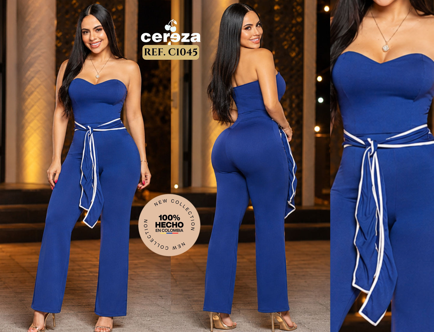 Ref. 004 -C1045 Fantástico Enterizo Colombiano Marca CEREZA con con Hombros y media Espalda Libres, Decorado con Cinturón en el Frente color Azul - ropacolombianaeneuropa
