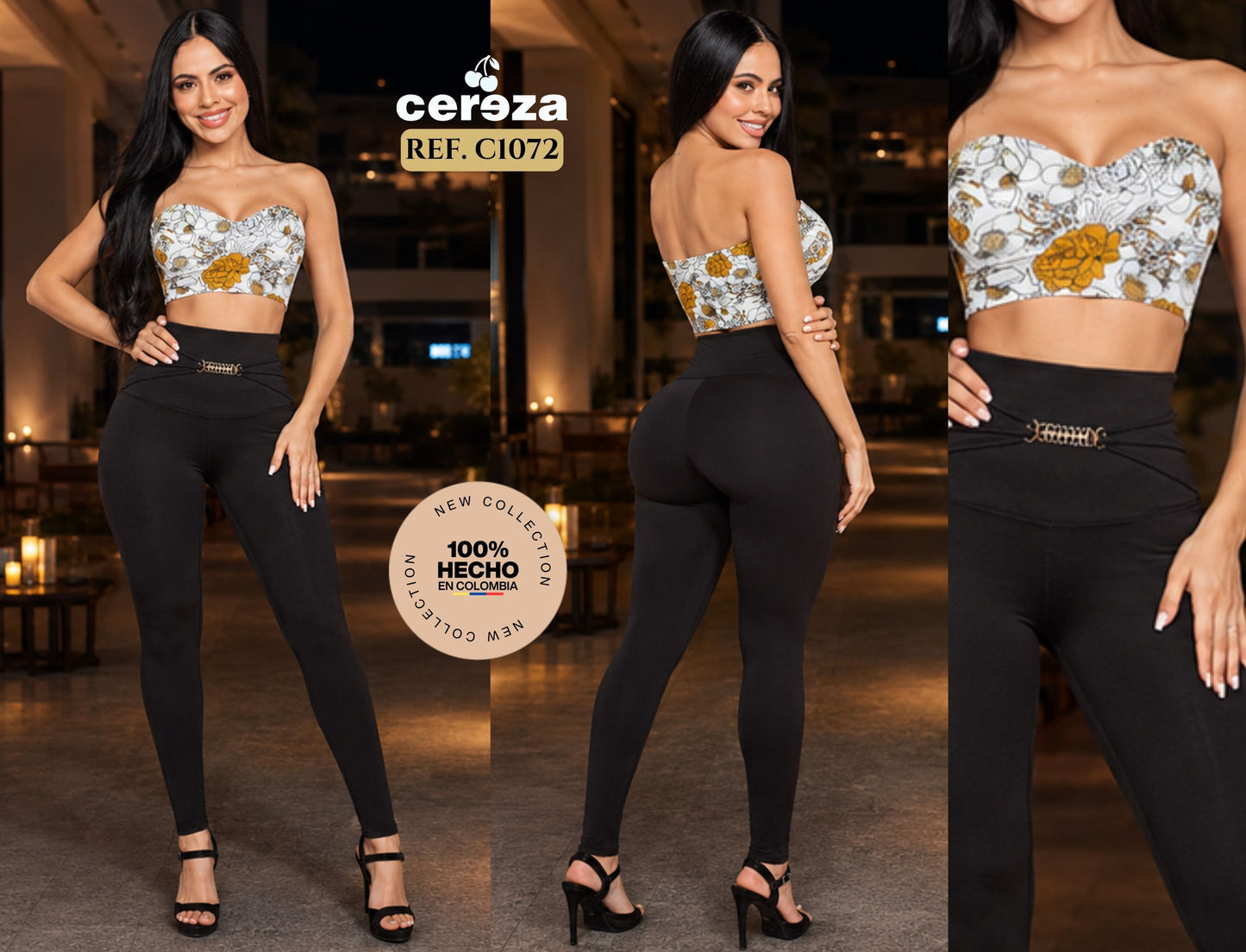 Ref. 004 -C1072 Conjunto Colombiano Marca CEREZA con pantalón Negro de Pretina ancha abdomen control y Blusa Blanca Decorado Floral amarillo y Hombros Descubiertos Verano - ropacolombianaeneuropa