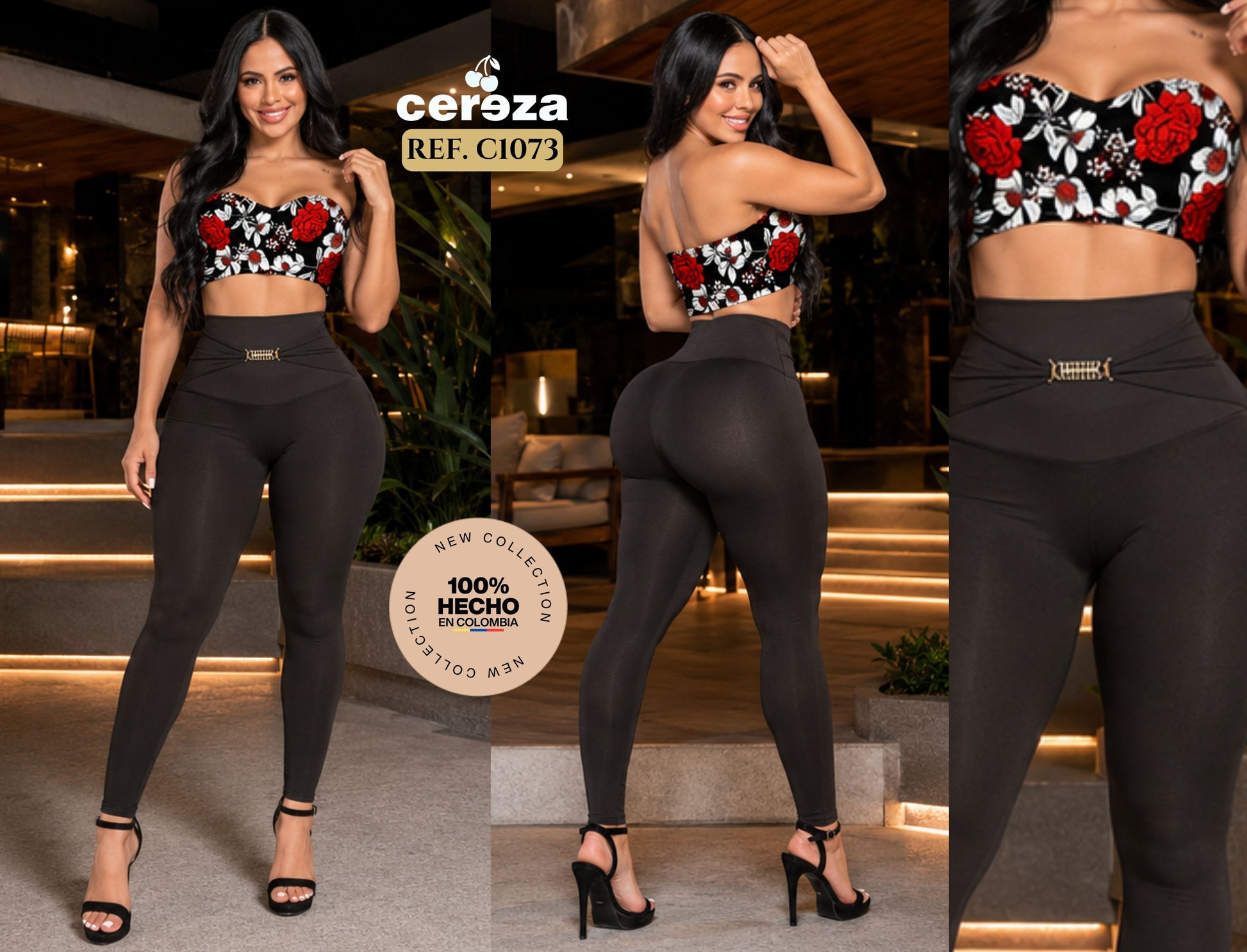 Ref. 004 -C1073 Conjunto Marca CEREZA Original Colombiano con Blusa Veraniega de Hombros descubiertos y pantalón Negro con Pretina Alta y decorado en el frente - ropacolombianaeneuropa