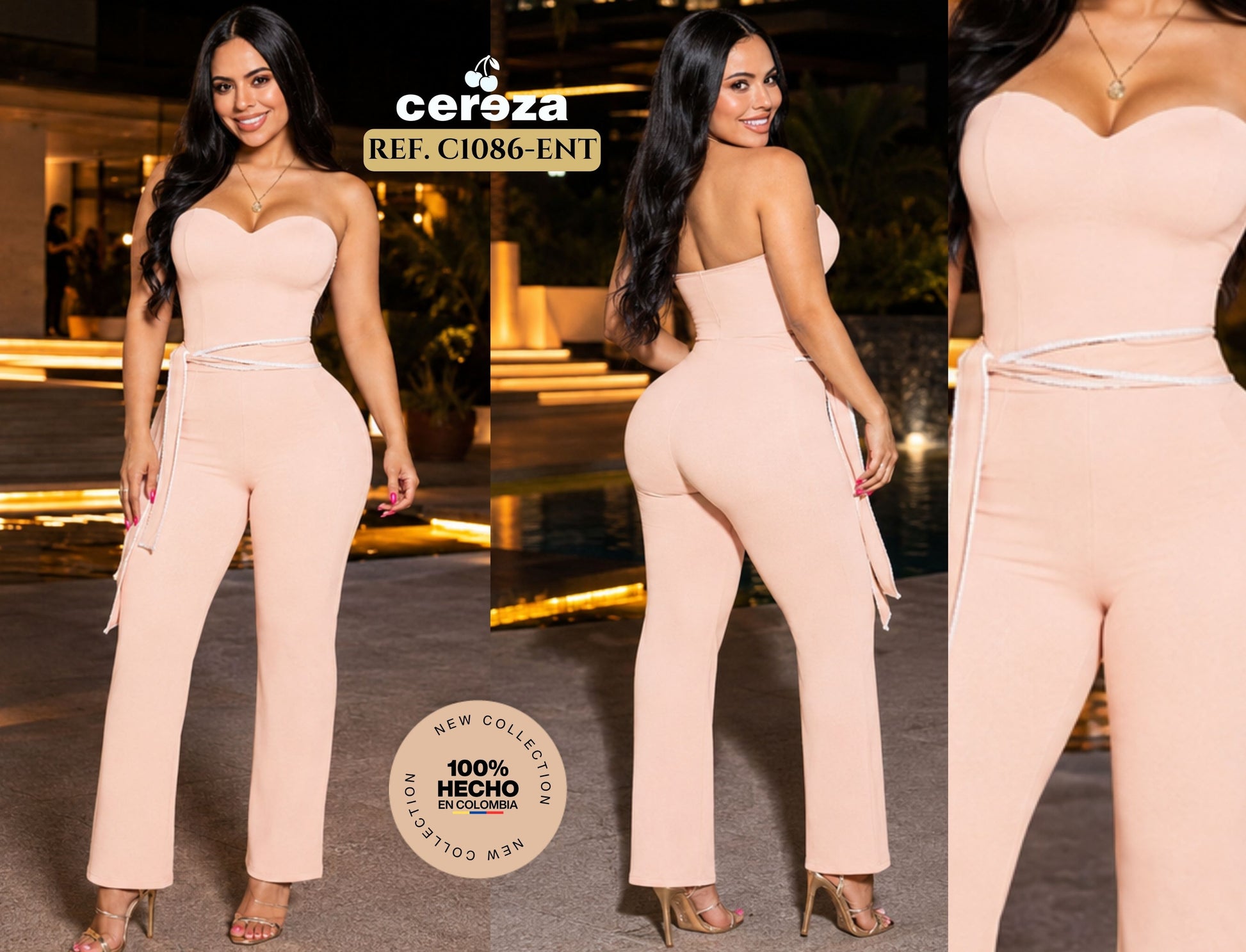 Ref. 004 -C1086-ENT Sensacional Enterizo Mono Colombiano,  con Diseño de Hombros descubiertos y Hermoso color Rosado, Cinturón Decorativo de tira. - ropacolombianaeneuropa
